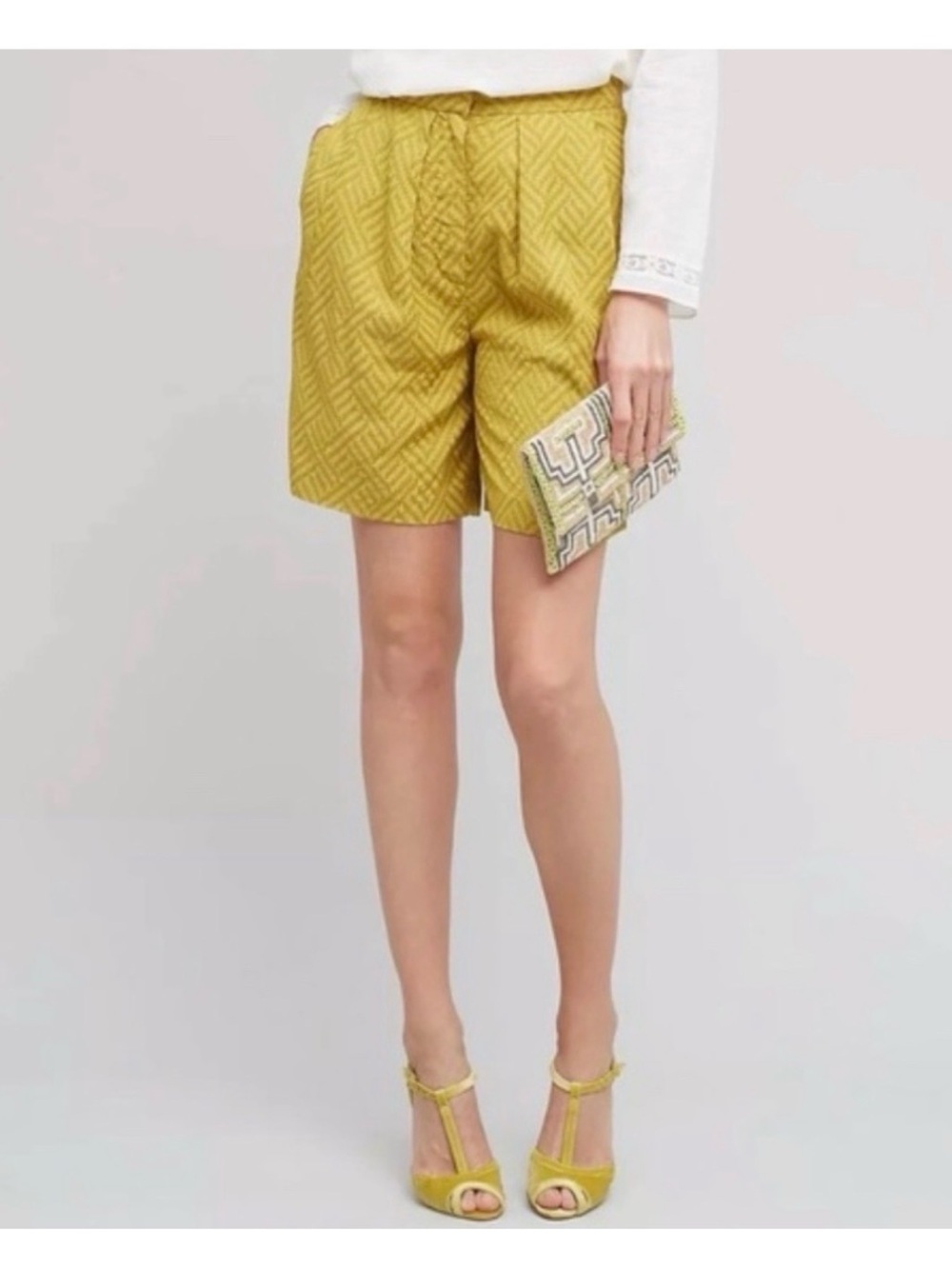 Anthropologie Seen Worn Kept High Waist Pleated‎ Jacquard Trouser Short Yellow 6